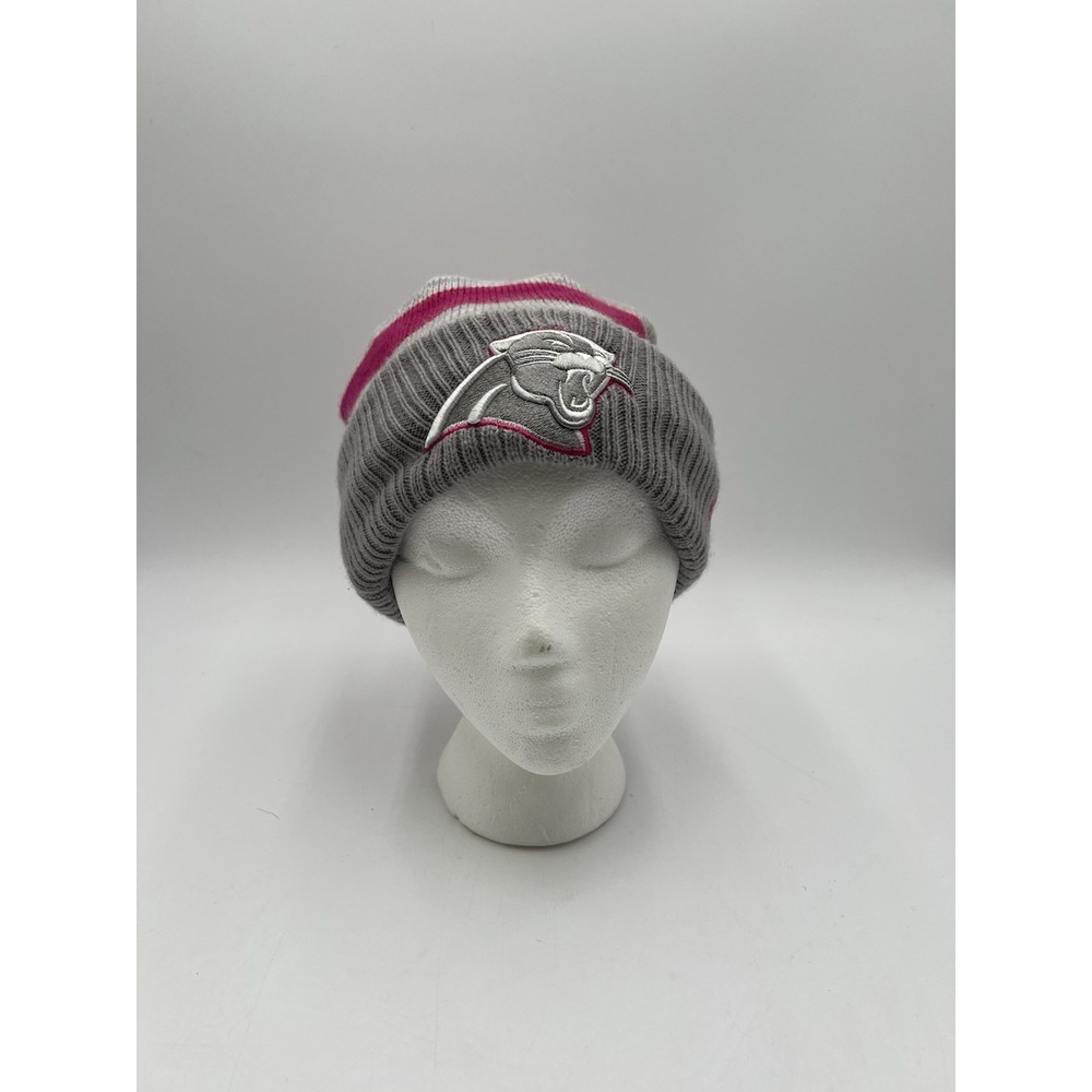 NFL Women Pink Ribbon Breast Cancer Awareness Pom Beanie Hat Gray Pink